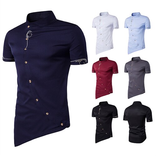 镂空外贸个性新款男士斜门襟尖下摆绅士服短袖立领衬衫A28P40,男装T恤,星座1314