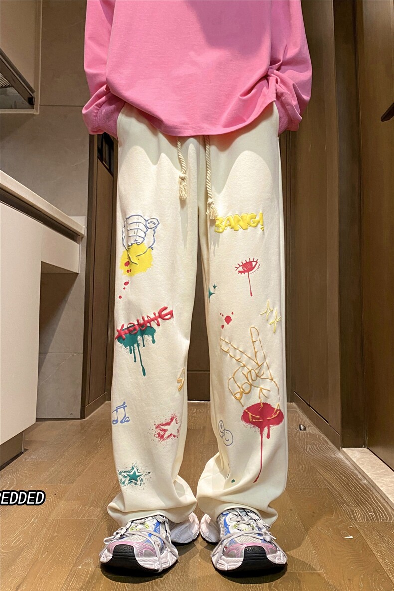 秋季新款美式潮流泼墨发泡印花多色宽松卫裤B315-K23411-p50控68,男装休闲裤,电商B315