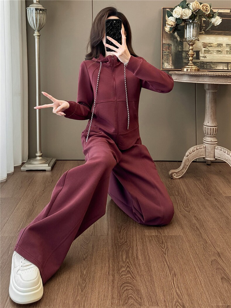 欧货慵懒风时尚套装女春季设计感纯色连帽外套休闲阔腿长裤两件套,女装套装/套裙,江南