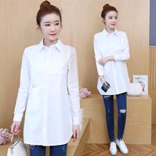 排多扣POLO领纯色衬衫2021年春季长袖中长款时尚修身显瘦淑女，女装衬衫，依恋蒂丝