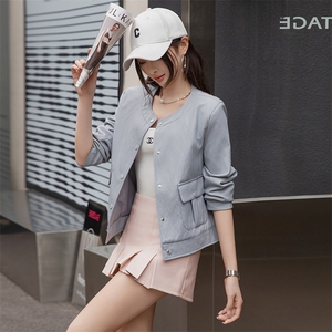 2025春秋季新款高级感质感长袖短款圆领pu皮衣夹克欧美时尚外套女图片