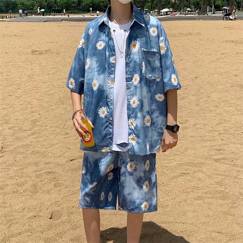 满印雏菊短袖套装男夏日系宽松五分袖五分短裤2021外套W977-P55,男装衬衫,星座512-2