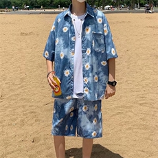 满印雏菊短袖套装男夏日系宽松五分袖五分短裤2021外套W977-P55，男装衬衫，星座512-2