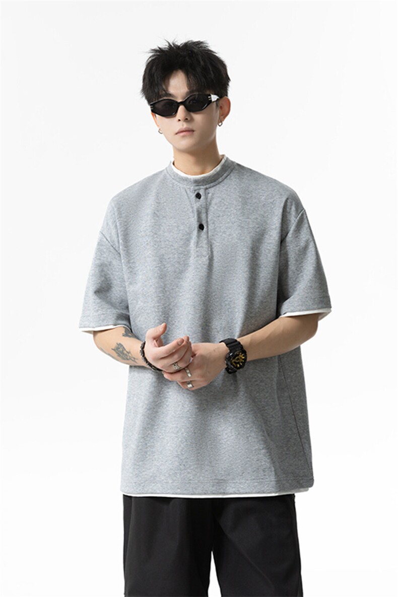 夏季新款港风日系简约假两件亨利领短袖T恤男XZ213-TX22-P35控58,男装T恤,星座213