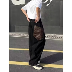 美式高街蛇纹大口袋牛仔裤男秋季vibe潮牌水洗宽松休闲阔腿弯刀裤，男装牛仔裤，四季星座505