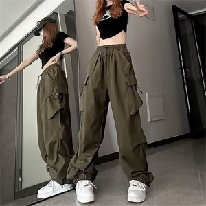 美式ins高街夏季高腰宽松显瘦百搭工装裤女抽绳束脚阔腿休闲裤子图片