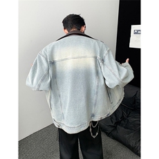 美式复古pu皮拼接牛仔外套男女春秋潮牌BF翻领工装夹克HHT49P78，男装工装外套，星座1013-5