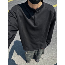 抖音得物品质美式高街重磅曼巴棉拼接cleanfit亨利领卫衣长袖T恤，男装T恤，电商A486