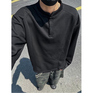 抖音得物品质美式高街重磅曼巴棉拼接cleanfit亨利领卫衣长袖T恤图片