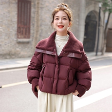 短款羽绒服女2024冬季新款小个子高级感休闲红色羊羔毛大翻领外套，女装羽绒服，意芙