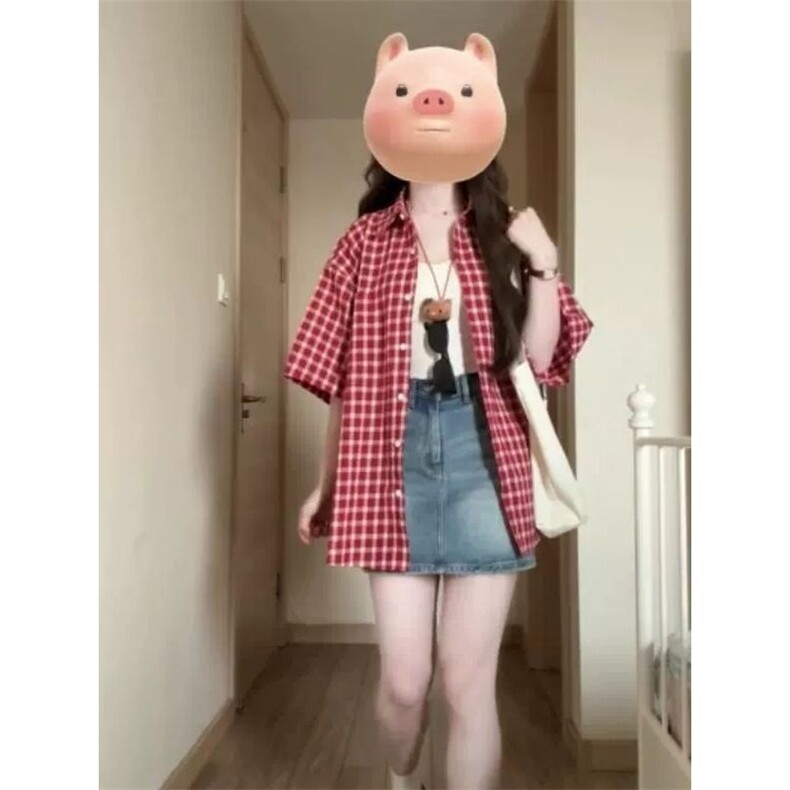 慵懒风红色格子夏日轻薄短袖衬衫女夏季2025新款复古休闲宽松衬衫图片