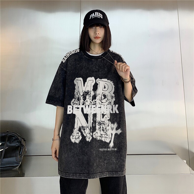 2026夏季新款美式高街水洗做旧印花圆领宽松半袖T恤D277P43,男装T恤,电商A335-1（原A458）