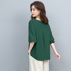 2022春款宽松显瘦棉麻上衣女长袖V领休闲百搭透气舒适T恤，女装T恤，悦见她