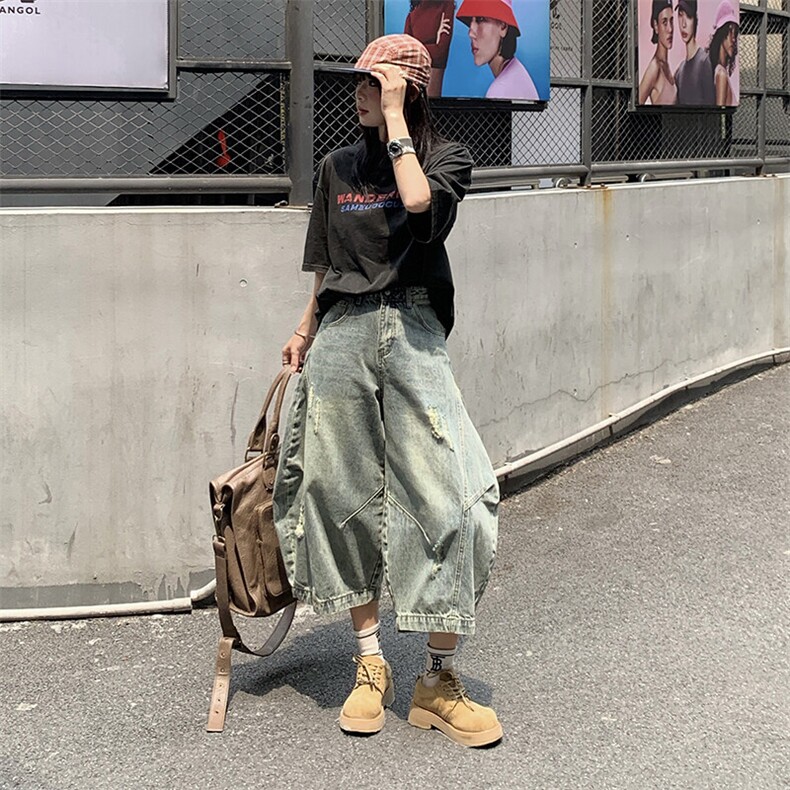 美式复古廓形弯刀牛仔男女款潮牌宽松设计感阔腿七分裤YD701-P65,男装牛仔裤,星座509
