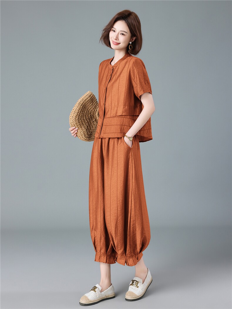 现货2026夏季新款宽松大码减龄莱赛尔衬衫灯笼裤两件套,女装套装/套裙,深水步