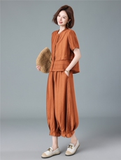 现货2026夏季新款宽松大码减龄莱赛尔衬衫灯笼裤两件套，女装套装/套裙，深水步