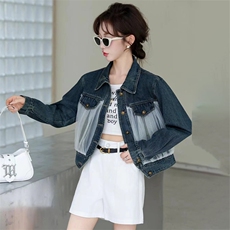 现货浪漫甜美网纱拼接牛仔外套2024春秋季新款时尚休闲短款夹克女，女装牛仔外套，江南女神