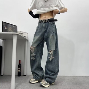 破洞牛仔裤男2025新款夏季美式复古潮牌设计感宽松青少年直筒裤子图片