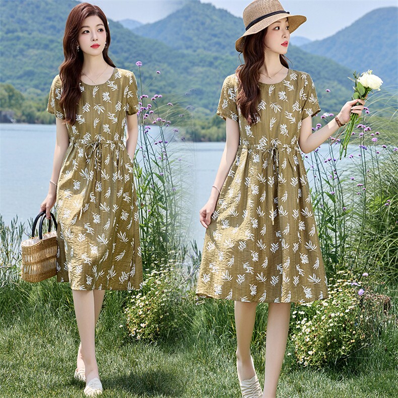复古印花短袖连衣裙女2025夏季新款系带收腰显瘦气质减龄休闲裙子，女装连衣裙，姿衣坊
