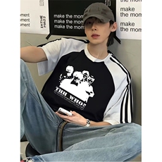 抖音得物品质二开240克宽松纯棉美式潮牌插肩三杠织带短袖T恤，男装T恤，电商A486