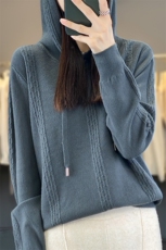 时尚橙色绞花帽衫显瘦百搭针织衫柔软舒适仿羊毛衫，女装针织衫/毛衣，大美人包芯纱店