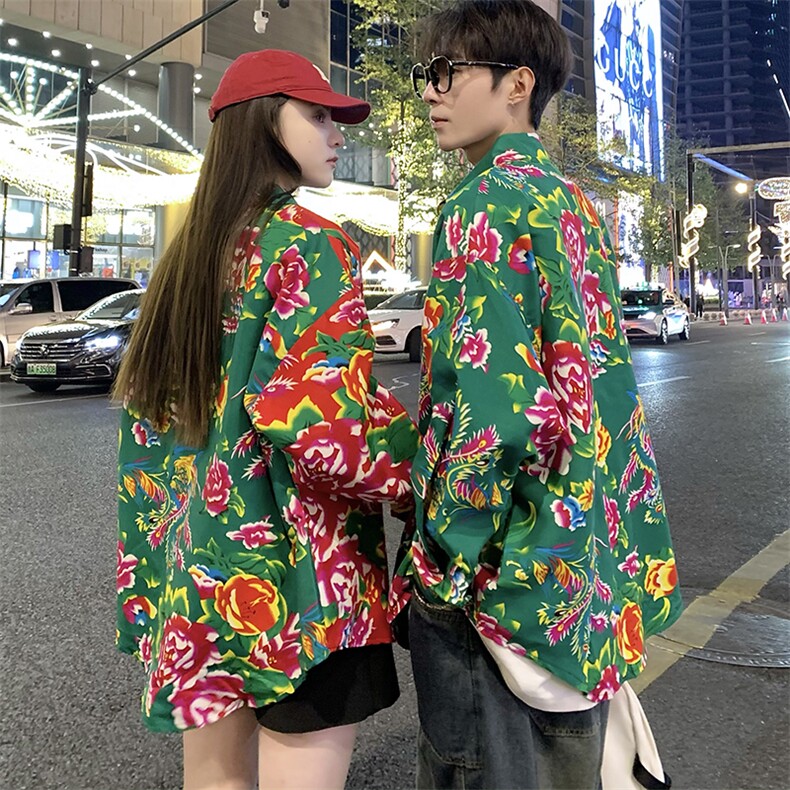 PC203情侣休闲东北大花拼接长袖衬衫外套男女宽松寸衣汉服演出服,男装衬衫,星座115A(原星座507）