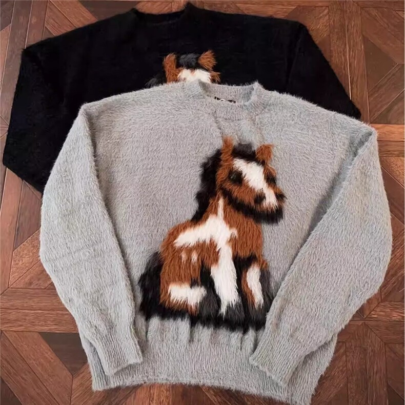 小马图案毛衣男女秋冬复古保暖毛绒内搭圆领仿水貂毛针织衫上衣图片
