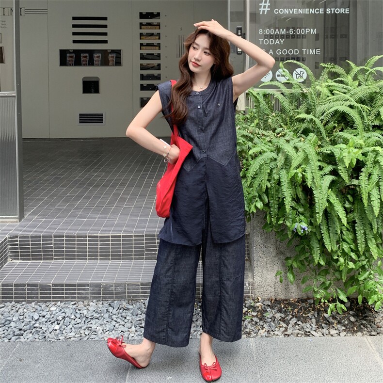 蓝色马甲阔腿裤两件套女2025年夏季新款时尚直筒高腰减龄显瘦套装,女装套装/套裙,2C170