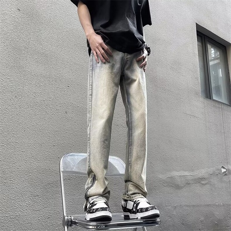 美式高街牛仔裤男hiphop百搭宽松直筒裤泥黄色复古裤子WN679-P40,男装牛仔裤,星座1008-1