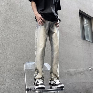 美式高街牛仔裤男hiphop百搭宽松直筒裤泥黄色复古裤子WN679-P40图片