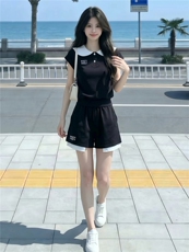 欧货休闲运动套装女夏新款拼接撞色海军领收腰短袖上衣短裤两件套，女装套装/套裙，江南