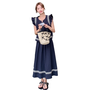 休闲藏青色花边背心半身裙套装女夏2025新款小个子两件套超火流行图片