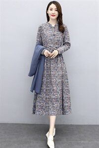 时尚优雅长袖碎花连衣裙 修身显瘦气质女装XBL097图片