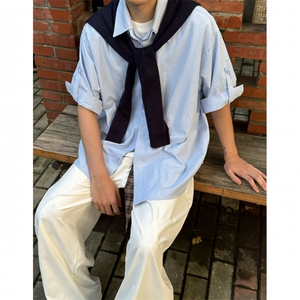 短袖949-P68 长袖950-P75 可拆卸披肩蓝条双层长短袖衬衫小众衬衣图片