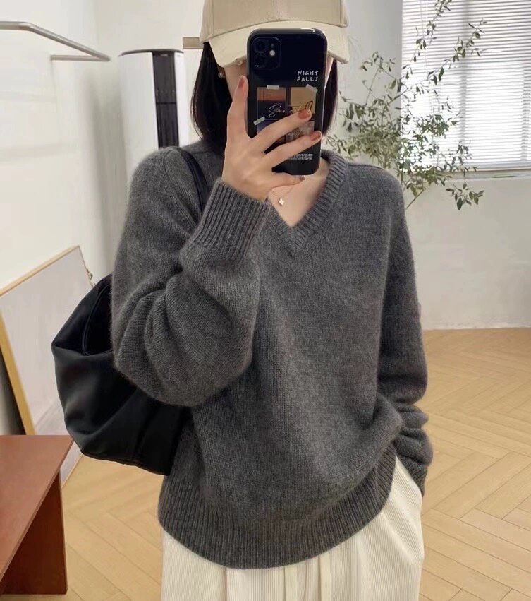 新款女装V领羊毛衫羊毛百搭宽松时尚保暖上衣,女装羊毛衫,恩泰羊绒