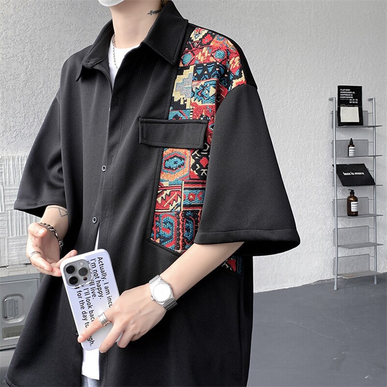 8XL-M民族风拼接短袖衬衫男夏季痞帅半袖衬衣薄款外套DC28009P45，男装衬衫，电商B312