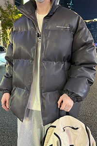 新款立领pu皮印花棉衣男秋冬季加厚面包服外套保暖棉服MY609-P115图片
