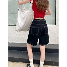 简约韩版黑色牛仔裤女夏季2025新款高腰显瘦阔腿裤百搭洋气五分裤，男装牛仔裤，星座1210-1