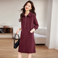 长袖连衣裙女2025年春装新款宽松休闲中年妈妈翻领中长款卫衣裙子，女装连衣裙，希欧阁