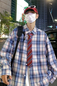 港风夜景小方格长袖翻领衬衫 A247-S80 P38控55图片