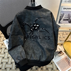 美式蜘蛛刺绣复古做旧PU皮衣飞行员夹克秋新款棒球服潮牌外套男，男装夹克，星座505-2（原电商A260-1)