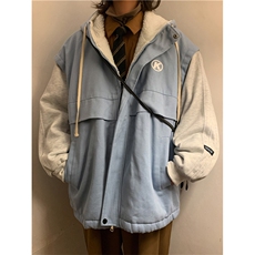 冬季港风复古撞色羊羔绒服男潮牌宽松连帽学生拼接工装衣外套，男装棉衣，星座302B-2