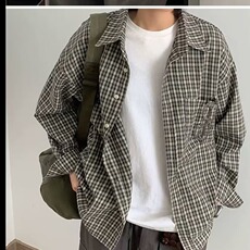 日系复古格子长袖衬衫男女生休闲慵懒宽松衬衣1001-1-C316-P40，男装衬衫，星座1001-1
