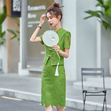 改良旗袍蕾丝连衣裙女装2024夏季新款高端气质年轻款新中式两件套，女装套装/套裙，布依丽人