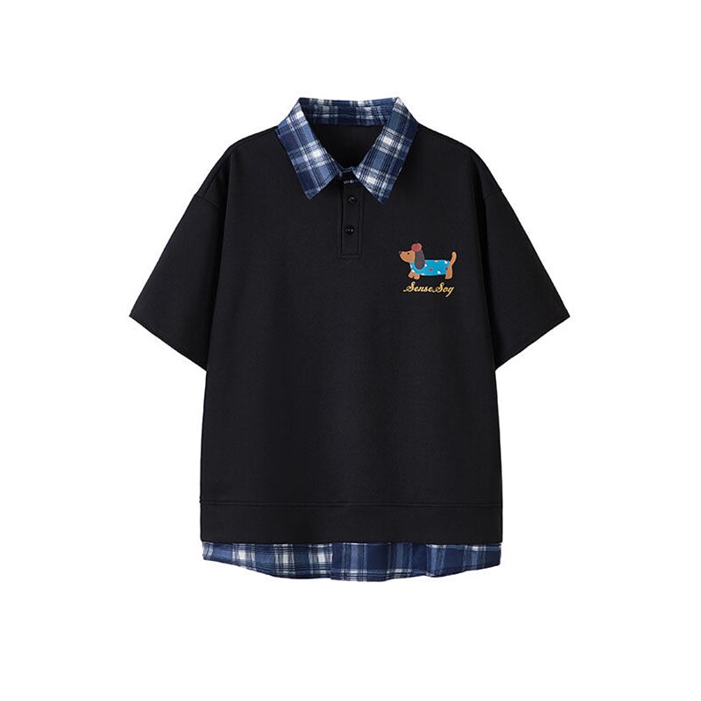 胖胖哥港风假两件腊肠狗短袖T恤男款夏季大码宽松休闲polo衫上衣,男装T恤,电商A059