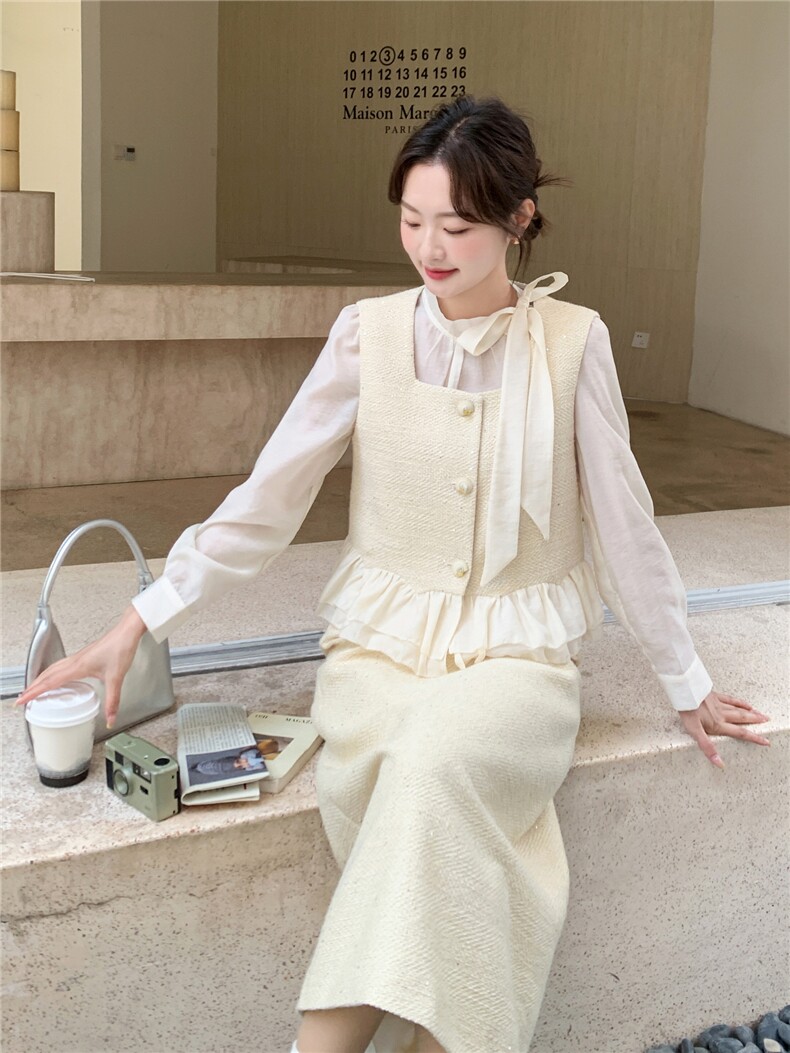 现货-2026年春季新款法式千金感蕾丝裙摆马甲半身裙三件套,女装套装/套裙,霓裳依族