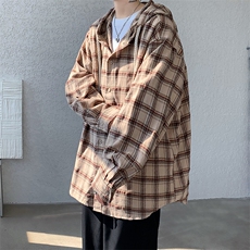 秋季新款港风日系复古纯棉慵懒风格子连帽衬衫男潮insZC775-P48，男装衬衫，星座313A(原308A-2)