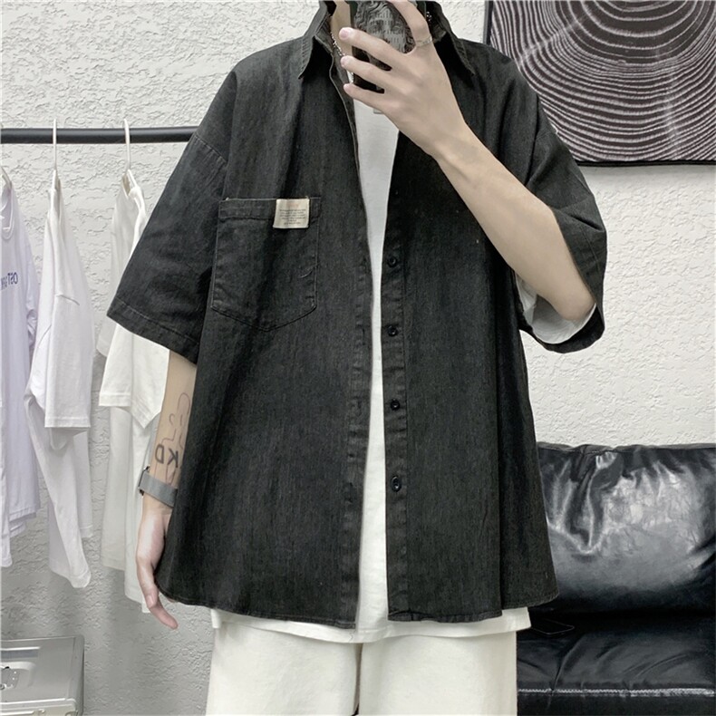 新款ins牛仔短袖衬衫男夏季薄韩版潮流宽松衬衣外套bfW791-P40,男装衬衫,星座512-2