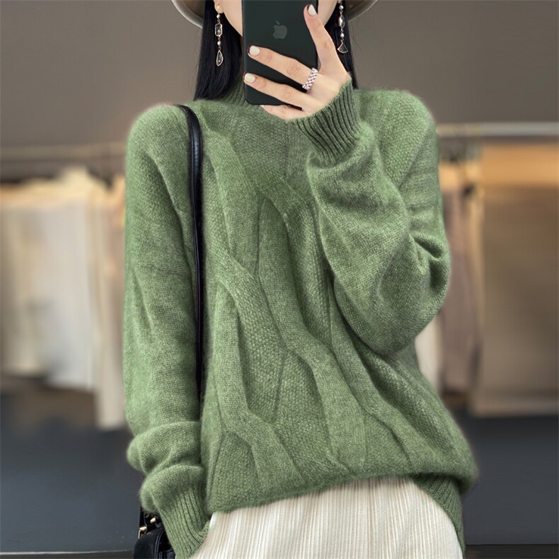 秋冬100%羊毛衫女半高领复古加厚扭花毛衣宽松羊绒套头针织打底衫,女装羊毛衫,忠诺羊绒