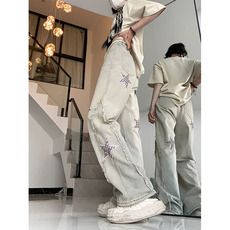 小众设计感星星美式街头牛仔裤女潮高街复古直筒裤，女装牛仔裤，星座309B-2